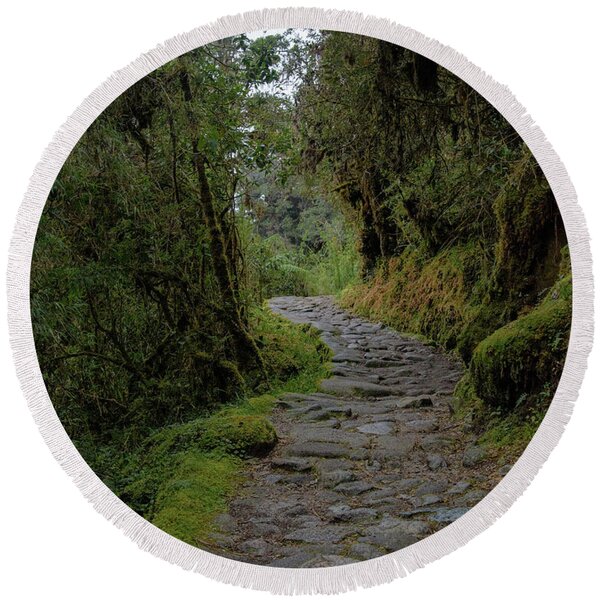 Moss-covered Path Through Lush Forest On The Inca Trail Round Beach Towel