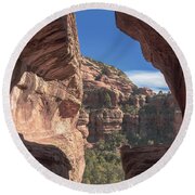 Canyon View Framed By Rocky Cliffs Round Beach Towel