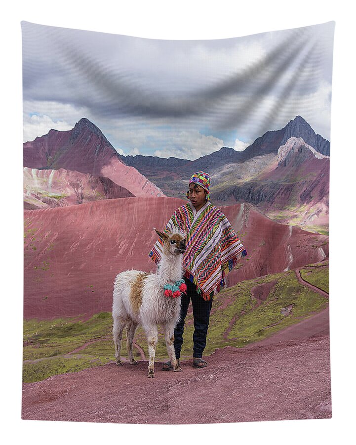 Peruvian Scene With Red Valley And Llama Tapestry