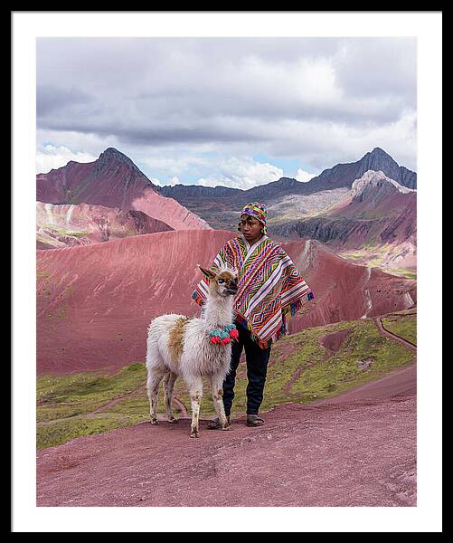 Peruvian Scene With Red Valley And Llama Framed Print