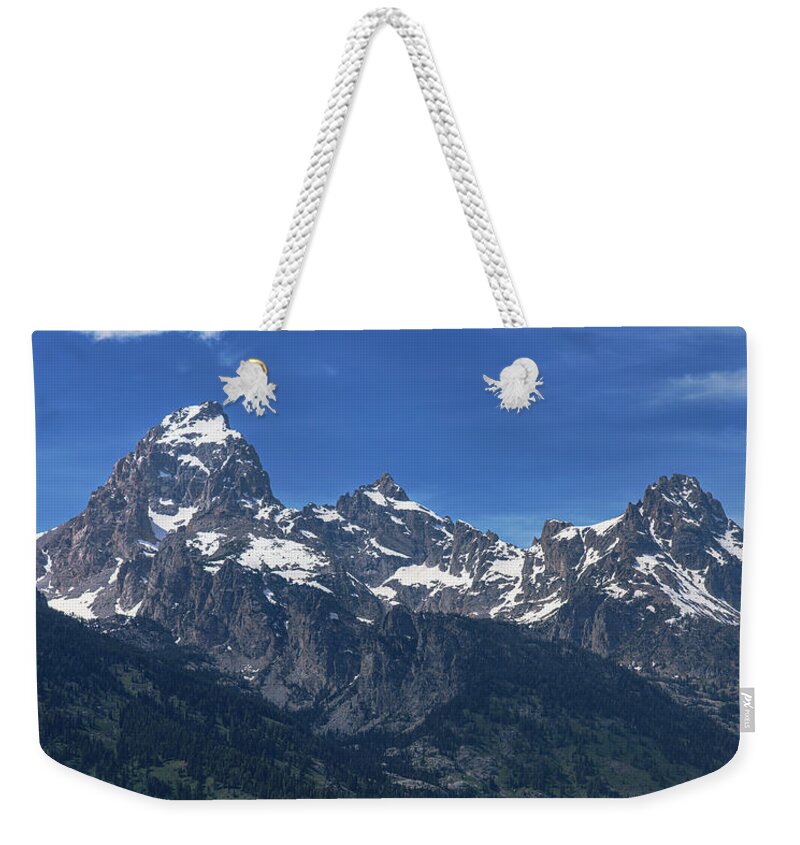 Snow-capped Teton Mountain Peaks Under Blue Sky Weekender Tote Bag