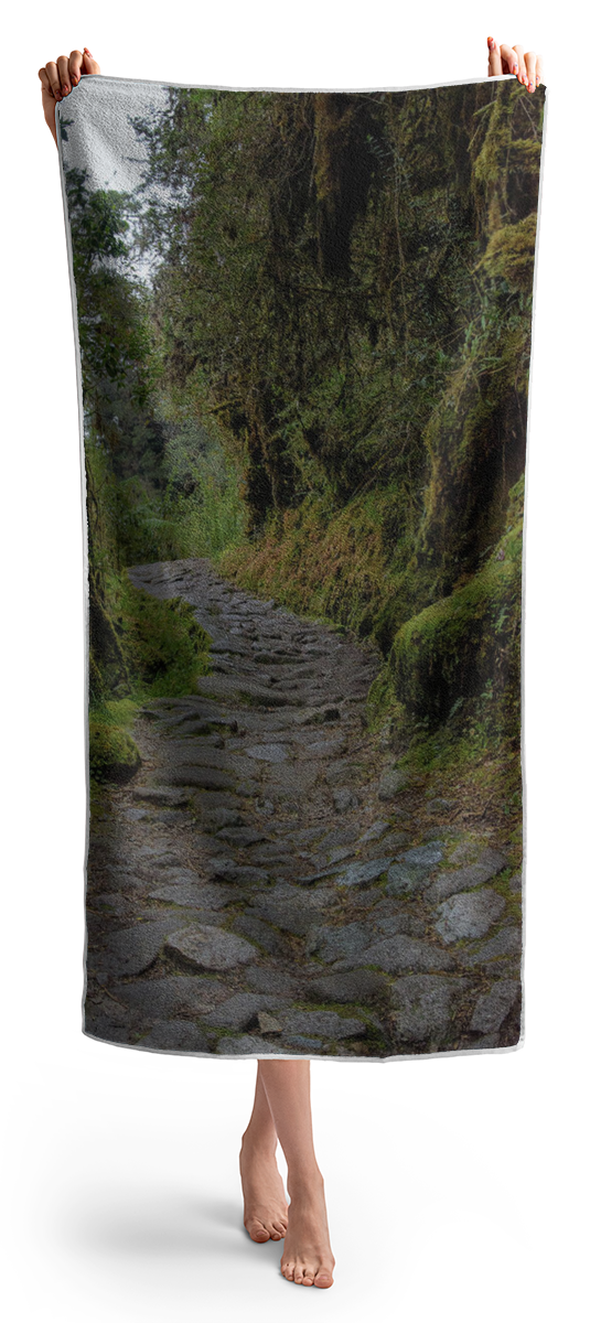 Moss-covered Path Through Lush Forest On The Inca Trail Beach Towel
