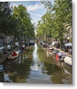 Serene Amsterdam Canal With Boats And Trees Metal Print