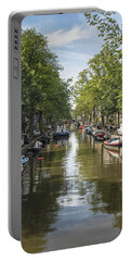 Serene Amsterdam Canal With Boats And Trees Portable Battery Charger