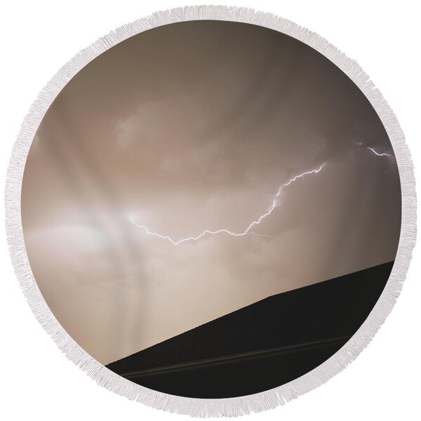 Lightning Illuminates Night Sky Round Beach Towel