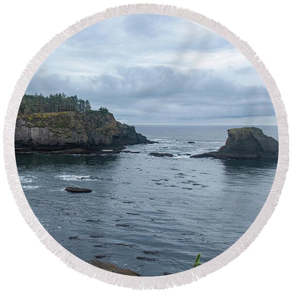 Serene Coastal Cliffs at Dawn Round Beach Towel