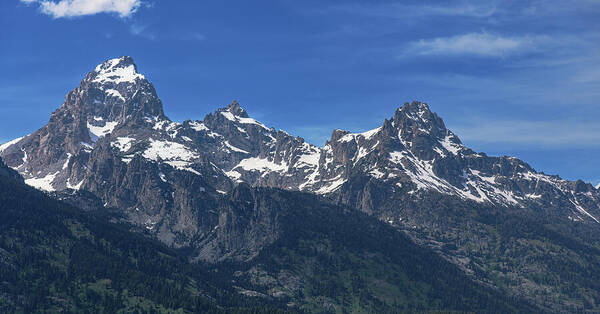 Snow-capped Teton Mountain Peaks Under Blue Sky Poster