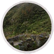 Misty Mountain Ruins Round Beach Towel