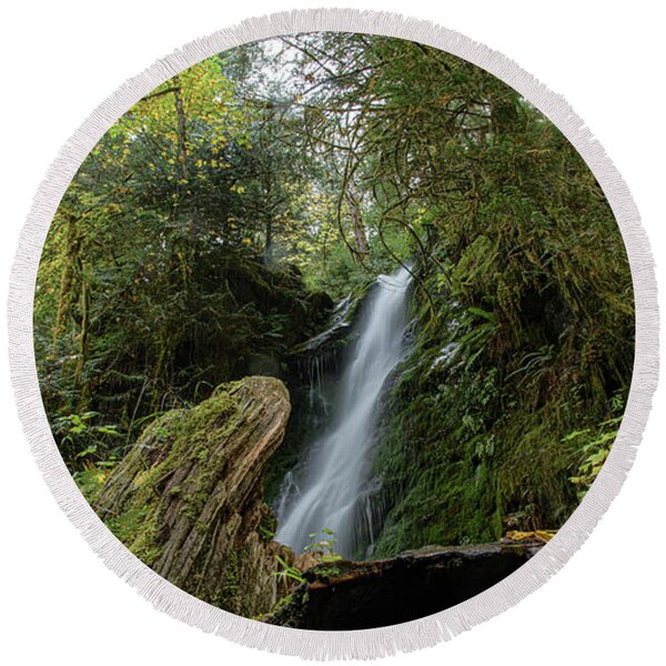 Serene Waterfall in Lush Forest Round Beach Towel