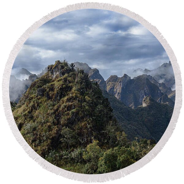 Misty Andes Mountain Range Landscape Round Beach Towel