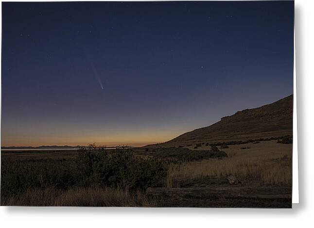 Twilight Comet Over Desert Landscape Greeting Card