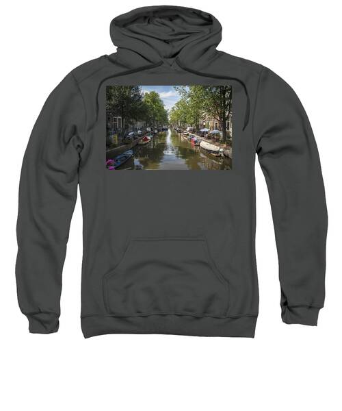 Serene Amsterdam Canal With Boats And Trees Sweatshirt