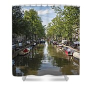 Serene Amsterdam Canal With Boats And Trees Shower Curtain