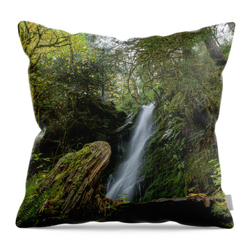 Serene Waterfall in Lush Forest Throw Pillow