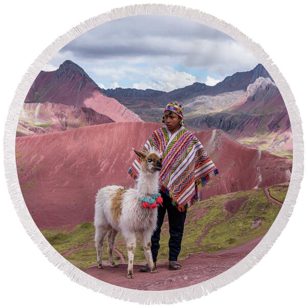 Peruvian Scene With Red Valley And Llama Round Beach Towel