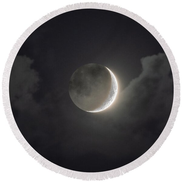 Shimmering Crescent Among Clouds Round Beach Towel