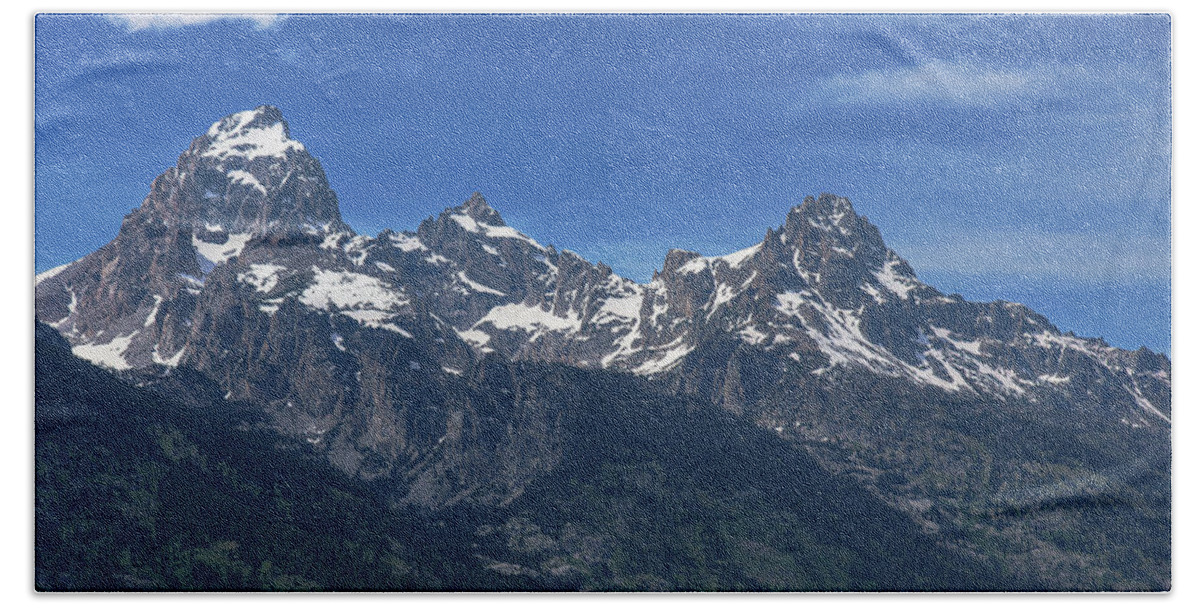 Snow-capped Teton Mountain Peaks Under Blue Sky Bath Towel