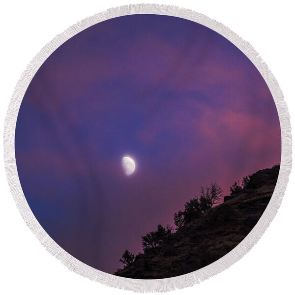 Moonlit Evening Over Silhouetted Hills Round Beach Towel