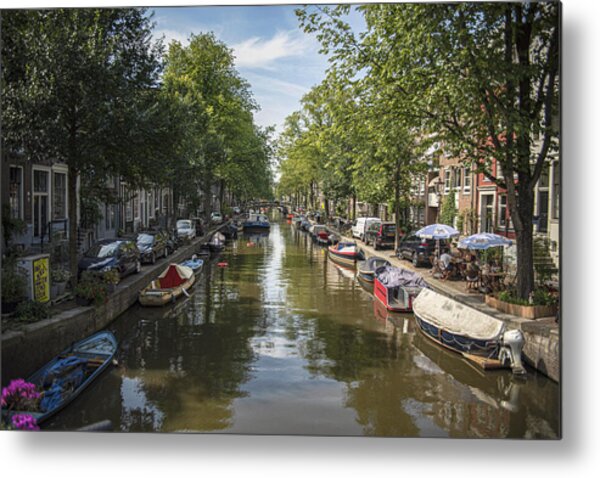 Serene Amsterdam Canal With Boats And Trees Metal Print