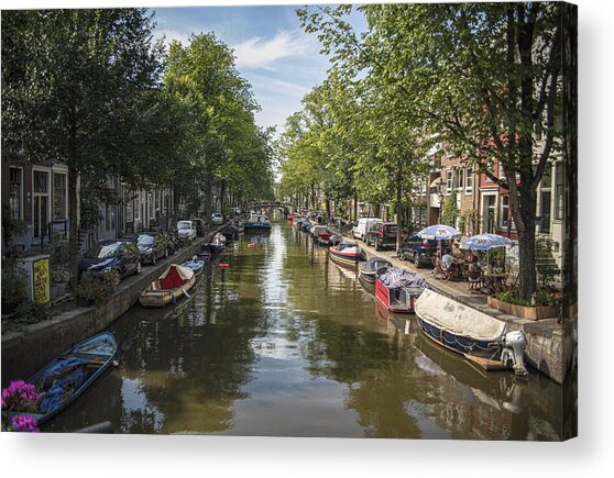 Serene Amsterdam Canal With Boats And Trees Acrylic Print