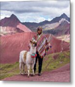 Peruvian Scene With Red Valley And Llama Metal Print