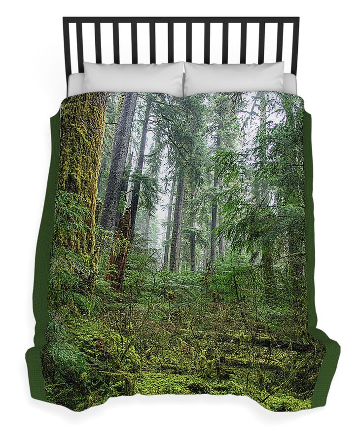 Misty Forest Silhouettes In Olympic National Park Duvet Cover