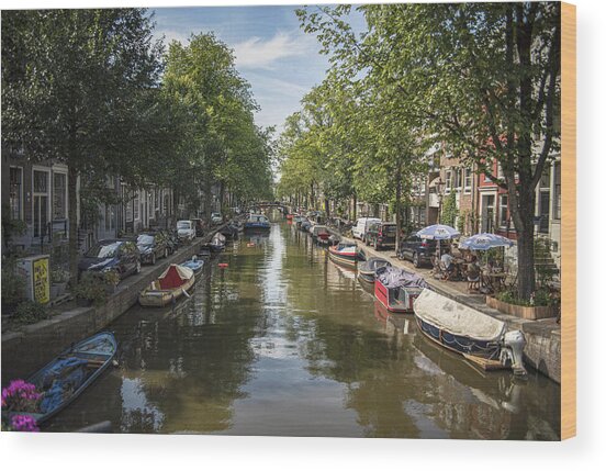 Serene Amsterdam Canal With Boats And Trees Wood Print
