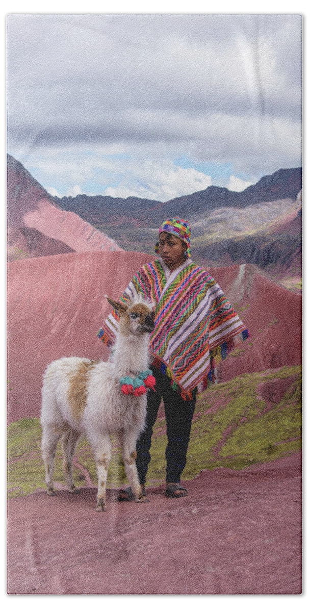 Peruvian Scene With Red Valley And Llama Bath Towel
