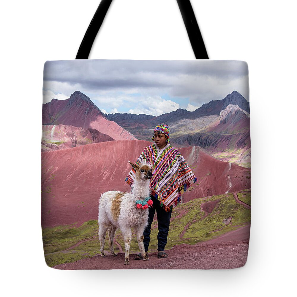 Peruvian Scene With Red Valley And Llama Tote Bag