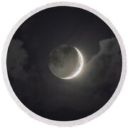 Shimmering Crescent Among Clouds Round Beach Towel