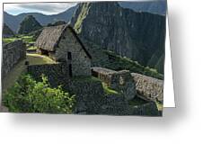 Ancient Ruins With Majestic Mountain Backdrop Greeting Card