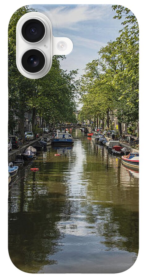 Serene Amsterdam Canal With Boats And Trees iPhone Case