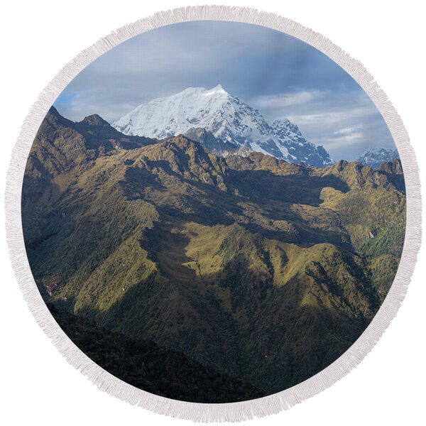 Majestic Andes Mountain Peaks Under Cloudy Sky Round Beach Towel