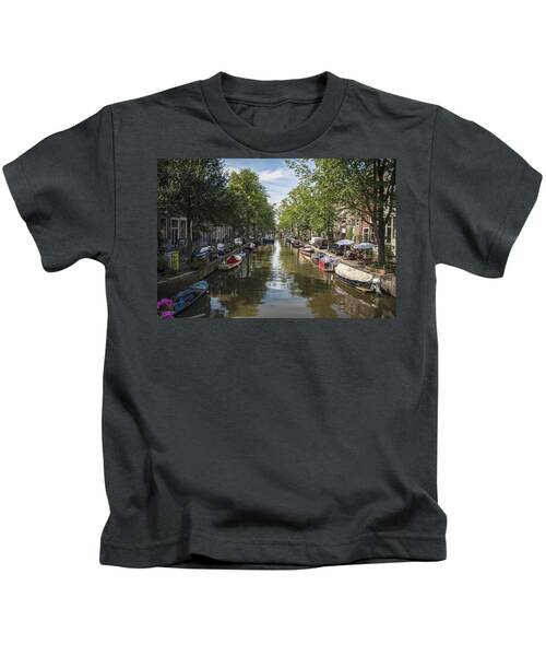 Serene Amsterdam Canal With Boats And Trees Kids T-Shirt
