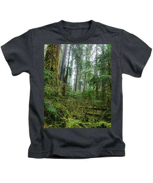 Misty Forest Silhouettes In Olympic National Park Kids T-Shirt