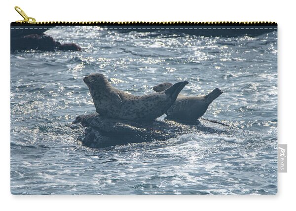 Seals Resting On Rocky Shoreline Zip Pouch